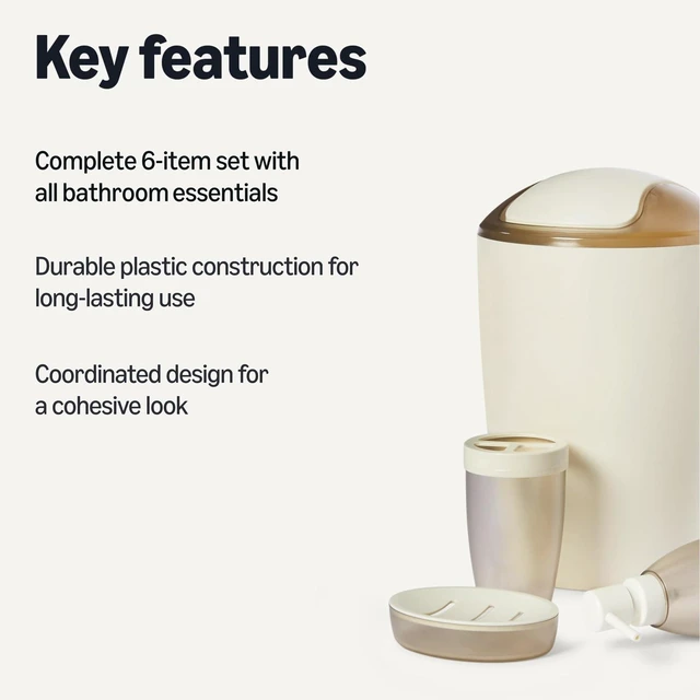 Alt view image 2 of 5 - 6-Piece Bathroom Accessory Set with Toothbrush Holder, Soap Dispenser, Soap Dish, Toothbrush Cup, Trash Can and Toilet Brush & Holder, Ivory