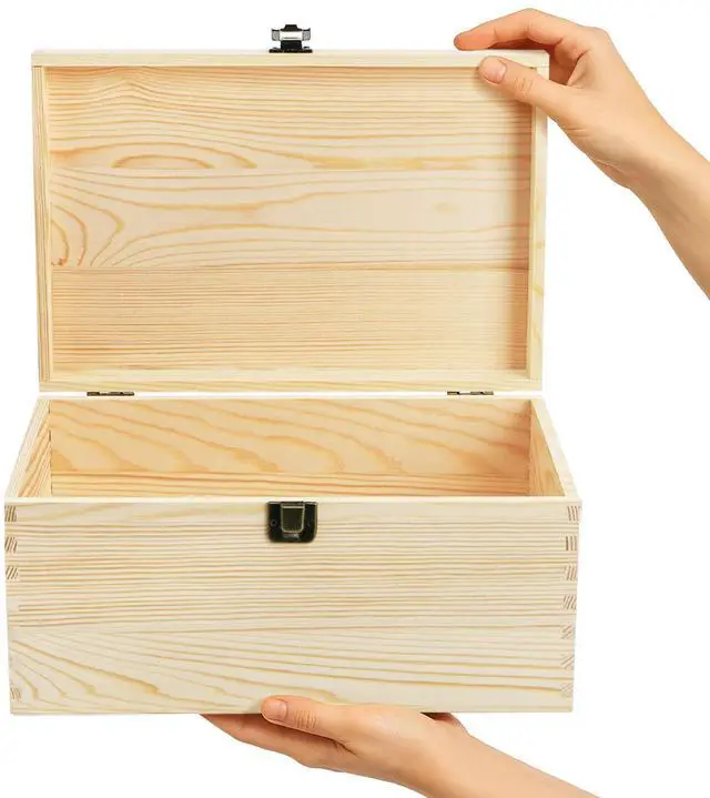 Alt view image 3 of 7 - Unfinished Wooden Box with Hinged Lid, 12 x 8 x 6 Inch Large Memory Box for Crafts, Unpainted DIY Gifts Box for Jewelry Storage, Treasure Chest, Art Hobbies, Front Clasp