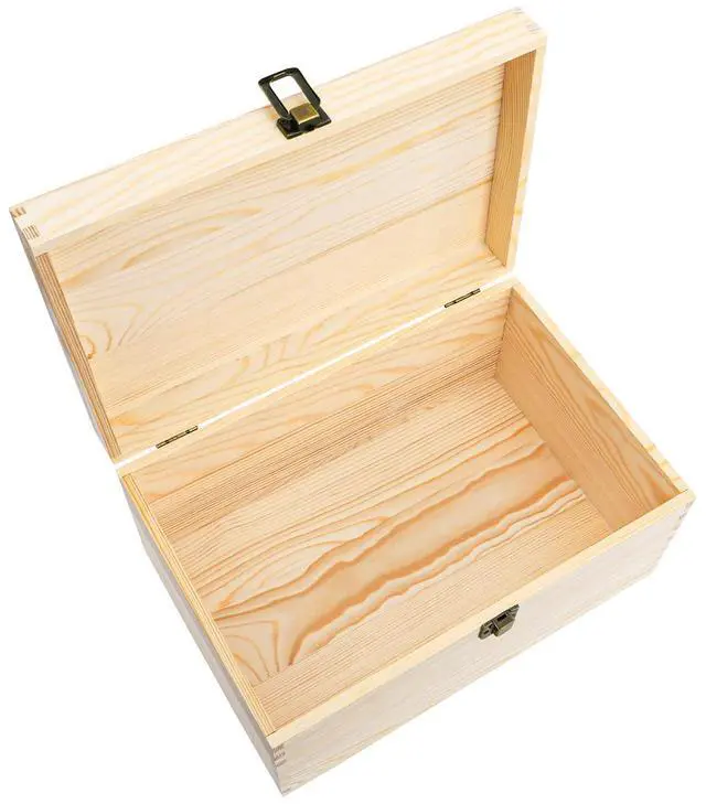 Alt view image 5 of 7 - Unfinished Wooden Box with Hinged Lid, 12 x 8 x 6 Inch Large Memory Box for Crafts, Unpainted DIY Gifts Box for Jewelry Storage, Treasure Chest, Art Hobbies, Front Clasp