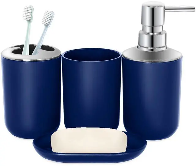 Main image of Blue Bathroom Accessories Set 4 PCS, Blue Bathroom Accessories, Plastic Soap Dispenser and Toothbrush Holder Set, Soap Dish and Mouthwash Cup, Boho Bathroom Decor, Bathroom Set