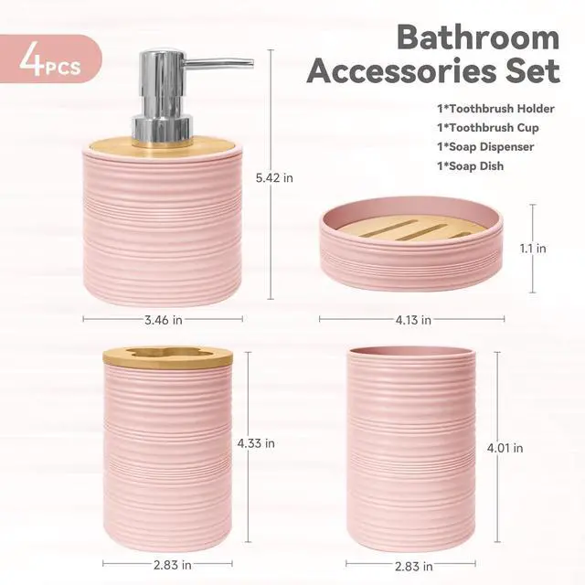 Alt view image 2 of 6 - Bathroom Accessories Set 4 PCS, Bathroom Sets Accessories, Bamboo Bathroom Accessory Set Includes Soap Dish, Soap Dispenser, Toothbrush Holder, Toothbrush Cup, Boho Bath Decor(Light Pink)