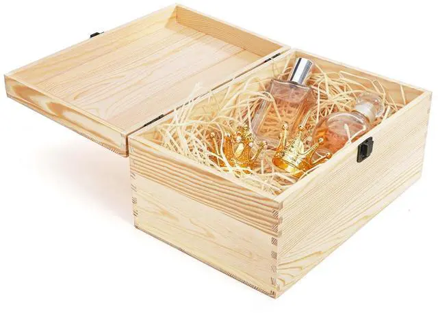 Alt view image 4 of 7 - Unfinished Wooden Box with Hinged Lid, 12 x 8 x 6 Inch Large Memory Box for Crafts, Unpainted DIY Gifts Box for Jewelry Storage, Treasure Chest, Art Hobbies, Front Clasp