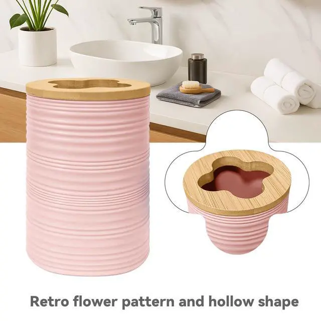 Alt view image 3 of 6 - Bathroom Accessories Set 4 PCS, Bathroom Sets Accessories, Bamboo Bathroom Accessory Set Includes Soap Dish, Soap Dispenser, Toothbrush Holder, Toothbrush Cup, Boho Bath Decor(Light Pink)