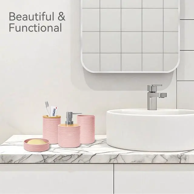 Alt view image 4 of 6 - Bathroom Accessories Set 4 PCS, Bathroom Sets Accessories, Bamboo Bathroom Accessory Set Includes Soap Dish, Soap Dispenser, Toothbrush Holder, Toothbrush Cup, Boho Bath Decor(Light Pink)