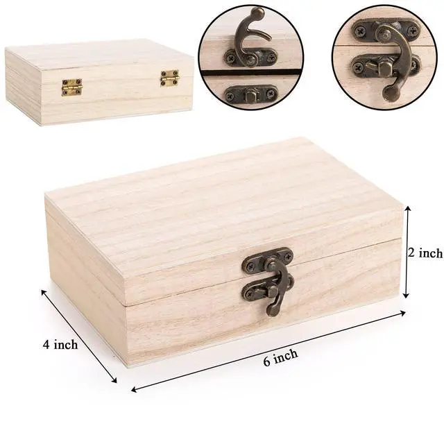 Alt view image 2 of 7 - 8 Pack Unfinished Wooden Boxes for Crafts, 6x4x2 Inch Small Jewelry Storage Box Unpainted DIY Gifts Boxes for Treasure Chest Art Hobbies Memory Box, Hinged Lid with Front Clasp