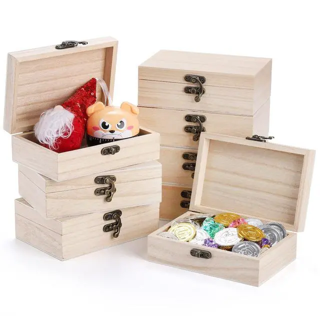 Alt view image 4 of 7 - 8 Pack Unfinished Wooden Boxes for Crafts, 6x4x2 Inch Small Jewelry Storage Box Unpainted DIY Gifts Boxes for Treasure Chest Art Hobbies Memory Box, Hinged Lid with Front Clasp