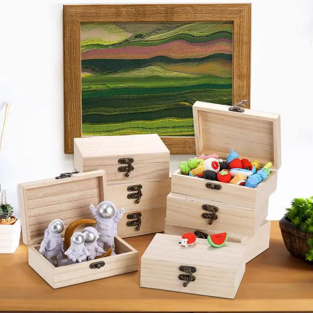 Alt view image 7 of 7 - 8 Pack Unfinished Wooden Boxes for Crafts, 6x4x2 Inch Small Jewelry Storage Box Unpainted DIY Gifts Boxes for Treasure Chest Art Hobbies Memory Box, Hinged Lid with Front Clasp