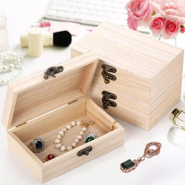 Alt view image 6 of 7 - 8 Pack Unfinished Wooden Boxes for Crafts, 6x4x2 Inch Small Jewelry Storage Box Unpainted DIY Gifts Boxes for Treasure Chest Art Hobbies Memory Box, Hinged Lid with Front Clasp