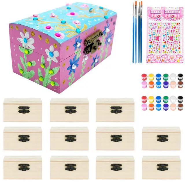 Main image of 12 PCS Wooden Box,Treasure Chest with 12 Color Paints,12 PCS Unfinished Unpainted Wood Box with 2 Diy Adhesive Drilles,Small Wooden Box for Keepsake Boxes, Jewelry Box
