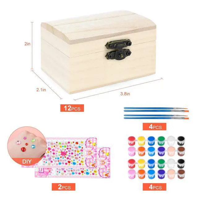Alt view image 2 of 6 - 12 PCS Wooden Box,Treasure Chest with 12 Color Paints,12 PCS Unfinished Unpainted Wood Box with 2 Diy Adhesive Drilles,Small Wooden Box for Keepsake Boxes, Jewelry Box