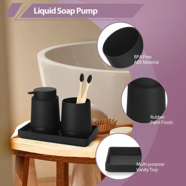 Alt view image 3 of 6 - Black Bathroom Countertop Accessories Set - Soap Dispenser and Toothbrush Holder with Silicone Boot,Vanity Tray (Black Liquid)