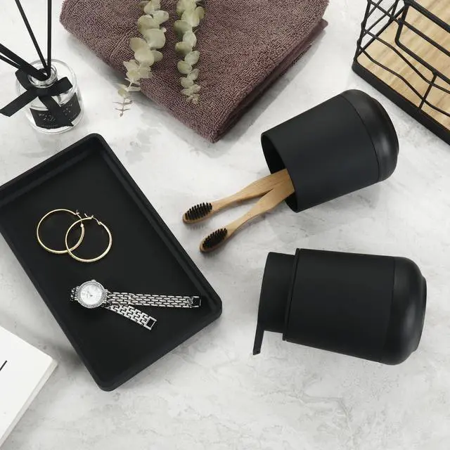 Alt view image 4 of 6 - Black Bathroom Countertop Accessories Set - Soap Dispenser and Toothbrush Holder with Silicone Boot,Vanity Tray (Black Liquid)