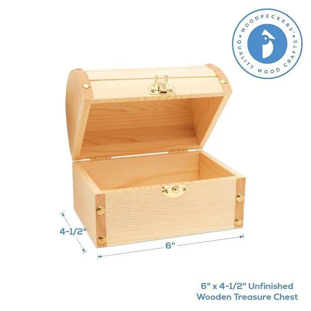 Alt view image 2 of 7 - 6 Inch Wooden Treasure Chest Box - Pack of 2 with Hinged Lid, Ideal for Crafts/Wedding Decor