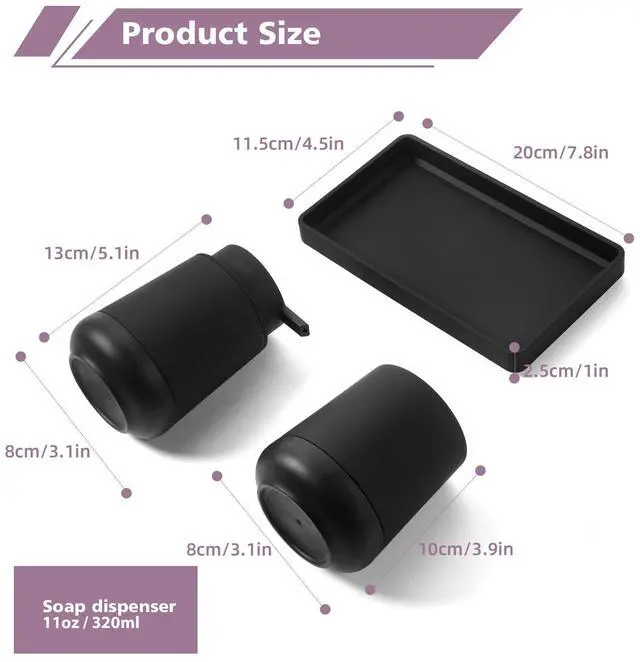 Alt view image 6 of 6 - Black Bathroom Countertop Accessories Set - Soap Dispenser and Toothbrush Holder with Silicone Boot,Vanity Tray (Black Liquid)
