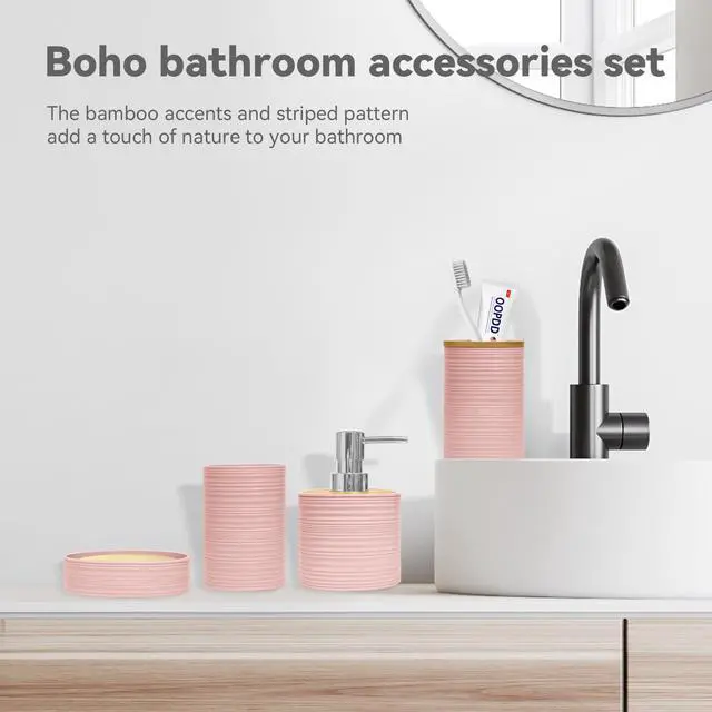 Alt view image 6 of 6 - Bathroom Accessories Set 4 PCS, Bathroom Sets Accessories, Bamboo Bathroom Accessory Set Includes Soap Dish, Soap Dispenser, Toothbrush Holder, Toothbrush Cup, Boho Bath Decor(Light Pink)