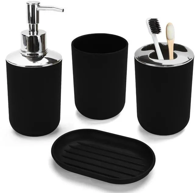 Main image of 4 Pcs Bathroom Accessories Set,Bohemian Bathroom Toothbrush Holder Set.Include Soap Dispenser, Soap Dish, Toothbrush Holder, Mouthwash Cup, Modern Bahtroom Decor Set (Black, 4Pcs)