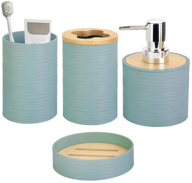 Main image of 4 Pieces Bamboo Bathroom Accessories Set, Bathroom Accessory Set with Soap Dispenser and Toothbrush Holder, Soap Dish and Toothbrush Cup, Boho Bathroom Decor(Aqua)