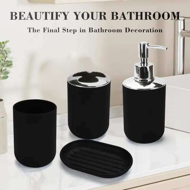 Alt view image 3 of 6 - 4 Pcs Bathroom Accessories Set,Bohemian Bathroom Toothbrush Holder Set.Include Soap Dispenser, Soap Dish, Toothbrush Holder, Mouthwash Cup, Modern Bahtroom Decor Set (Black, 4Pcs)