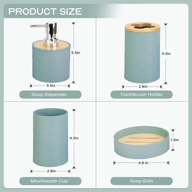 Alt view image 2 of 6 - 4 Pieces Bamboo Bathroom Accessories Set, Bathroom Accessory Set with Soap Dispenser and Toothbrush Holder, Soap Dish and Toothbrush Cup, Boho Bathroom Decor(Aqua)