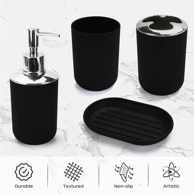 Alt view image 4 of 6 - 4 Pcs Bathroom Accessories Set,Bohemian Bathroom Toothbrush Holder Set.Include Soap Dispenser, Soap Dish, Toothbrush Holder, Mouthwash Cup, Modern Bahtroom Decor Set (Black, 4Pcs)
