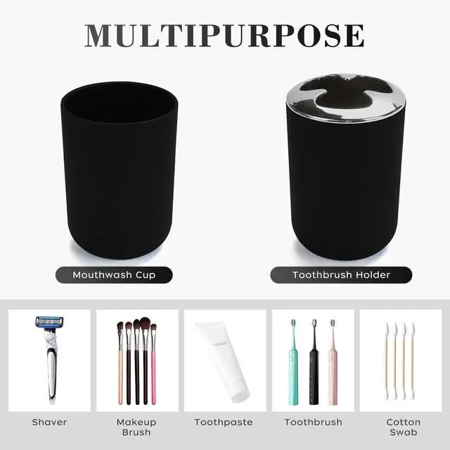 Alt view image 6 of 6 - 4 Pcs Bathroom Accessories Set,Bohemian Bathroom Toothbrush Holder Set.Include Soap Dispenser, Soap Dish, Toothbrush Holder, Mouthwash Cup, Modern Bahtroom Decor Set (Black, 4Pcs)