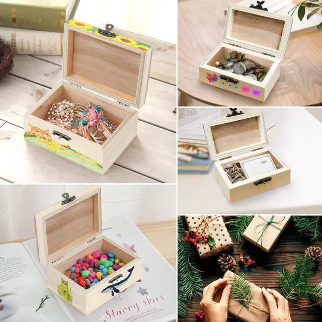 Alt view image 6 of 6 - 12 PCS Wooden Box,Treasure Chest with 12 Color Paints,12 PCS Unfinished Unpainted Wood Box with 2 Diy Adhesive Drilles,Small Wooden Box for Keepsake Boxes, Jewelry Box