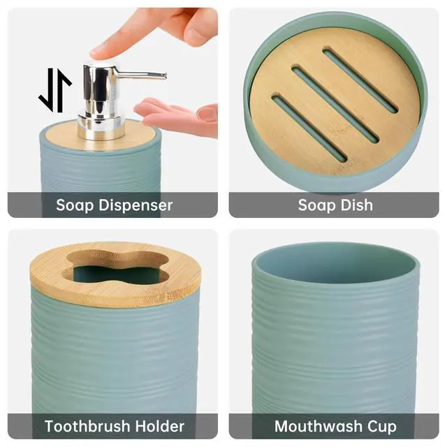 Alt view image 3 of 6 - 4 Pieces Bamboo Bathroom Accessories Set, Bathroom Accessory Set with Soap Dispenser and Toothbrush Holder, Soap Dish and Toothbrush Cup, Boho Bathroom Decor(Aqua)