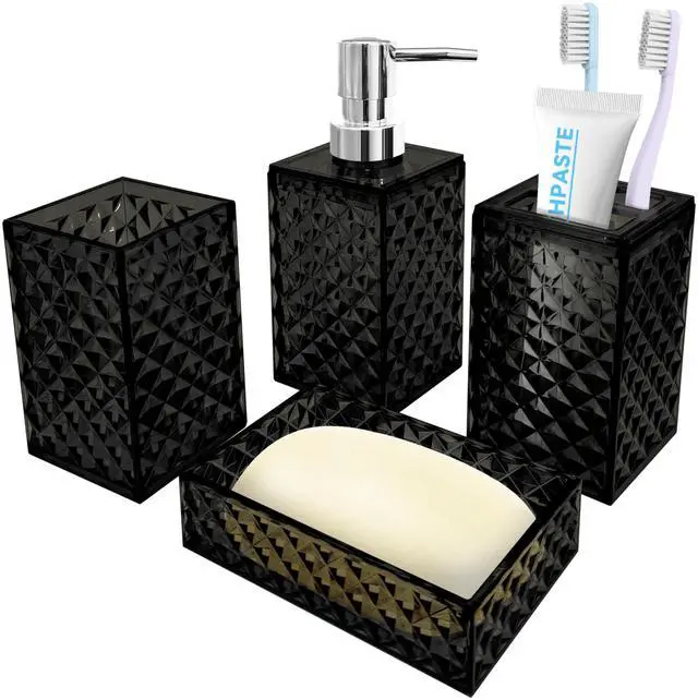Main image of Bathroom Accessory Set, 4 PCS Black Bathroom Accessories Set, Soap Dispenser and Toothbrush Holder Set, Soap Dish and Mouthwash Cup, Boho Bathroom Decor, Plastic Bathroom Sets Accessories
