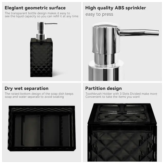 Alt view image 3 of 6 - Bathroom Accessory Set, 4 PCS Black Bathroom Accessories Set, Soap Dispenser and Toothbrush Holder Set, Soap Dish and Mouthwash Cup, Boho Bathroom Decor, Plastic Bathroom Sets Accessories