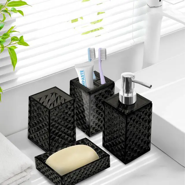 Alt view image 4 of 6 - Bathroom Accessory Set, 4 PCS Black Bathroom Accessories Set, Soap Dispenser and Toothbrush Holder Set, Soap Dish and Mouthwash Cup, Boho Bathroom Decor, Plastic Bathroom Sets Accessories