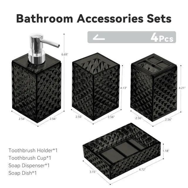 Alt view image 2 of 6 - Bathroom Accessory Set, 4 PCS Black Bathroom Accessories Set, Soap Dispenser and Toothbrush Holder Set, Soap Dish and Mouthwash Cup, Boho Bathroom Decor, Plastic Bathroom Sets Accessories