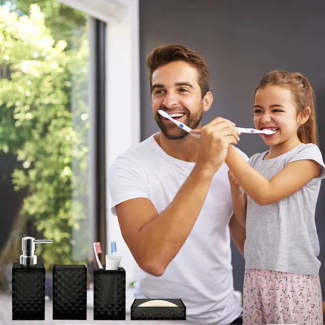 Alt view image 5 of 6 - Bathroom Accessory Set, 4 PCS Black Bathroom Accessories Set, Soap Dispenser and Toothbrush Holder Set, Soap Dish and Mouthwash Cup, Boho Bathroom Decor, Plastic Bathroom Sets Accessories