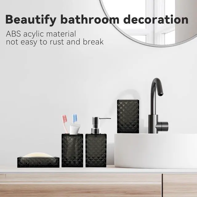 Alt view image 6 of 6 - Bathroom Accessory Set, 4 PCS Black Bathroom Accessories Set, Soap Dispenser and Toothbrush Holder Set, Soap Dish and Mouthwash Cup, Boho Bathroom Decor, Plastic Bathroom Sets Accessories
