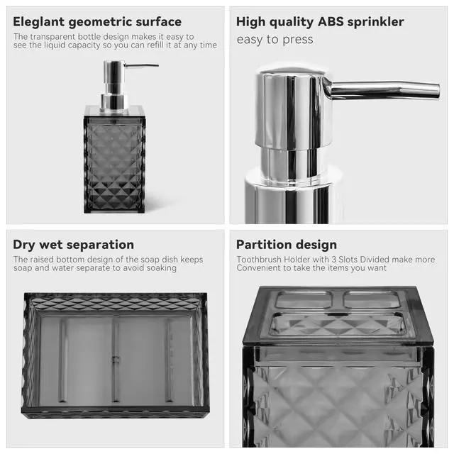 Alt view image 3 of 6 - Bathroom Accessory Set, 4 PCS Grey Bathroom Accessories Set, Soap Dispenser and Toothbrush Holder Set, Soap Dish and Mouthwash Cup, Boho Bathroom Decor, Plastic Bathroom Sets Accessories