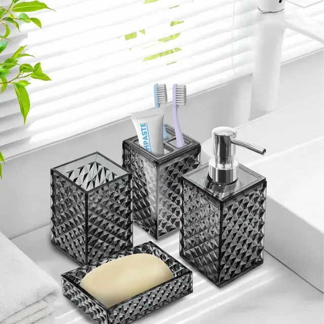 Alt view image 6 of 6 - Bathroom Accessory Set, 4 PCS Grey Bathroom Accessories Set, Soap Dispenser and Toothbrush Holder Set, Soap Dish and Mouthwash Cup, Boho Bathroom Decor, Plastic Bathroom Sets Accessories