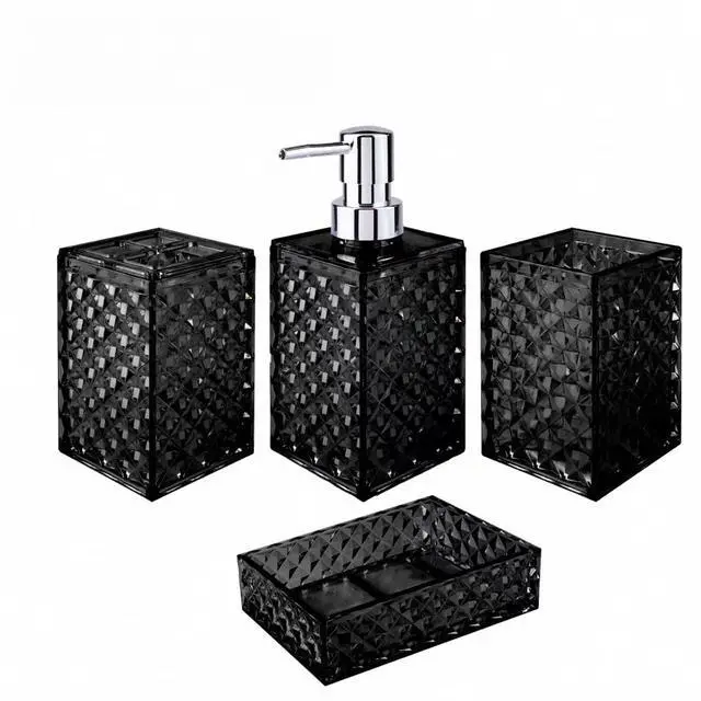 Main image of Bathroom Accessory Set, Grid Pattern 4 Pcs Plastic Bathroom Set Include Soap Dispenser, Soap Dish, Toothbrush Holder, Mousewash Cup, Modern Bahtroom Décor Set, Space Save for Bathroom(Black)