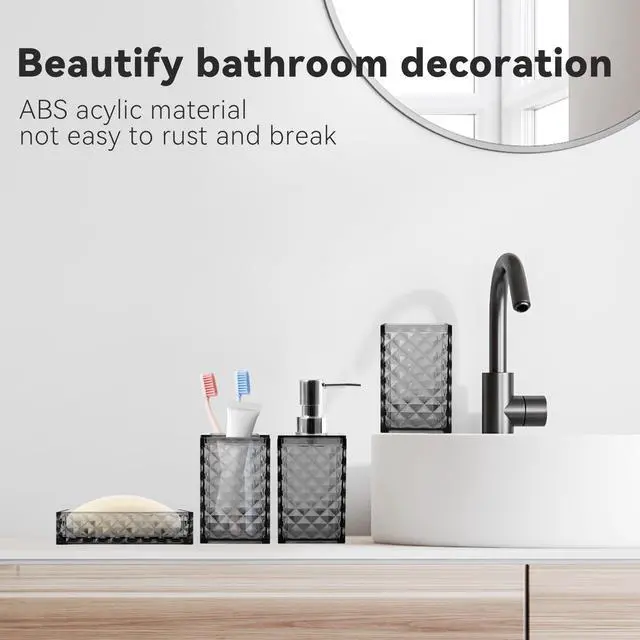 Alt view image 5 of 6 - Bathroom Accessory Set, 4 PCS Grey Bathroom Accessories Set, Soap Dispenser and Toothbrush Holder Set, Soap Dish and Mouthwash Cup, Boho Bathroom Decor, Plastic Bathroom Sets Accessories