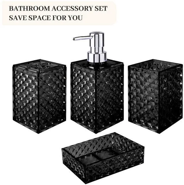 Alt view image 2 of 7 - Bathroom Accessory Set, Grid Pattern 4 Pcs Plastic Bathroom Set Include Soap Dispenser, Soap Dish, Toothbrush Holder, Mousewash Cup, Modern Bahtroom Décor Set, Space Save for Bathroom(Black)