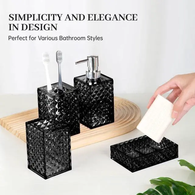 Alt view image 5 of 7 - Bathroom Accessory Set, Grid Pattern 4 Pcs Plastic Bathroom Set Include Soap Dispenser, Soap Dish, Toothbrush Holder, Mousewash Cup, Modern Bahtroom Décor Set, Space Save for Bathroom(Black)