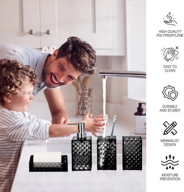 Alt view image 3 of 7 - Bathroom Accessory Set, Grid Pattern 4 Pcs Plastic Bathroom Set Include Soap Dispenser, Soap Dish, Toothbrush Holder, Mousewash Cup, Modern Bahtroom Décor Set, Space Save for Bathroom(Black)