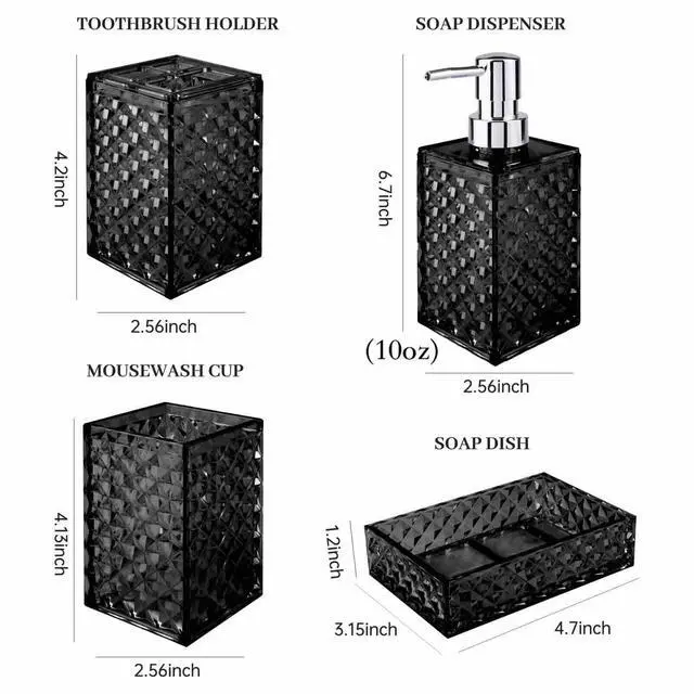 Alt view image 7 of 7 - Bathroom Accessory Set, Grid Pattern 4 Pcs Plastic Bathroom Set Include Soap Dispenser, Soap Dish, Toothbrush Holder, Mousewash Cup, Modern Bahtroom Décor Set, Space Save for Bathroom(Black)