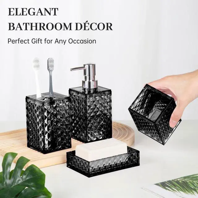 Alt view image 6 of 7 - Bathroom Accessory Set, Grid Pattern 4 Pcs Plastic Bathroom Set Include Soap Dispenser, Soap Dish, Toothbrush Holder, Mousewash Cup, Modern Bahtroom Décor Set, Space Save for Bathroom(Black)