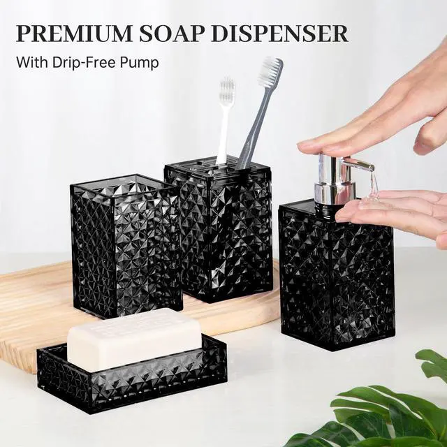 Alt view image 4 of 7 - Bathroom Accessory Set, Grid Pattern 4 Pcs Plastic Bathroom Set Include Soap Dispenser, Soap Dish, Toothbrush Holder, Mousewash Cup, Modern Bahtroom Décor Set, Space Save for Bathroom(Black)