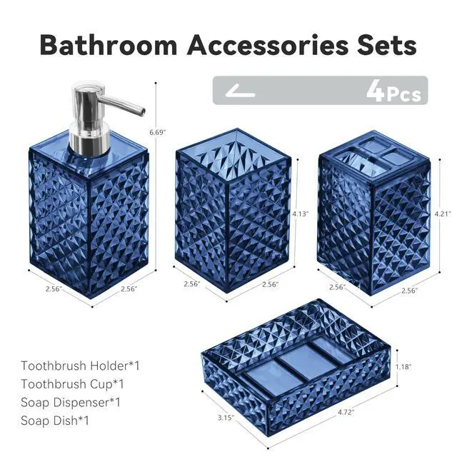 Alt view image 2 of 6 - Bathroom Accessory Set, 4 PCS Blue Bathroom Accessories Sets, Soap Dispenser and Toothbrush Holder Set, Soap Dish and Mouthwash Cup, Boho Bathroom Decor, Plastic Bathroom Sets Accessories