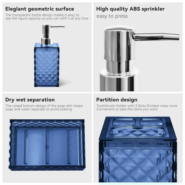 Alt view image 3 of 6 - Bathroom Accessory Set, 4 PCS Blue Bathroom Accessories Sets, Soap Dispenser and Toothbrush Holder Set, Soap Dish and Mouthwash Cup, Boho Bathroom Decor, Plastic Bathroom Sets Accessories