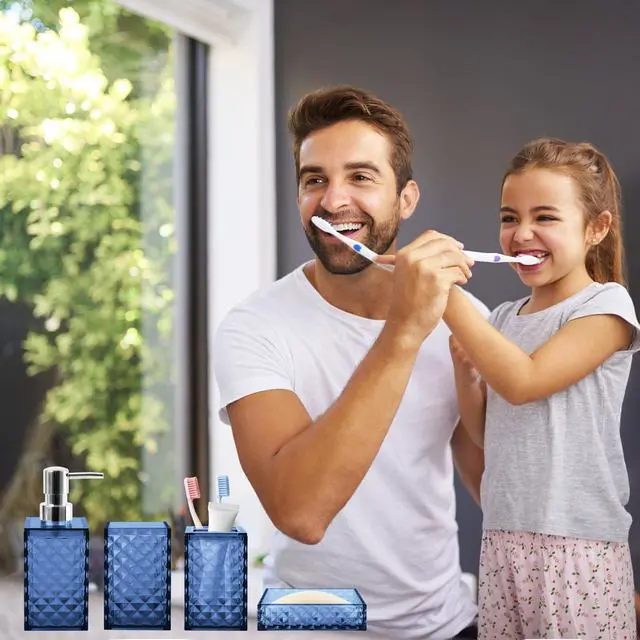 Alt view image 4 of 6 - Bathroom Accessory Set, 4 PCS Blue Bathroom Accessories Sets, Soap Dispenser and Toothbrush Holder Set, Soap Dish and Mouthwash Cup, Boho Bathroom Decor, Plastic Bathroom Sets Accessories