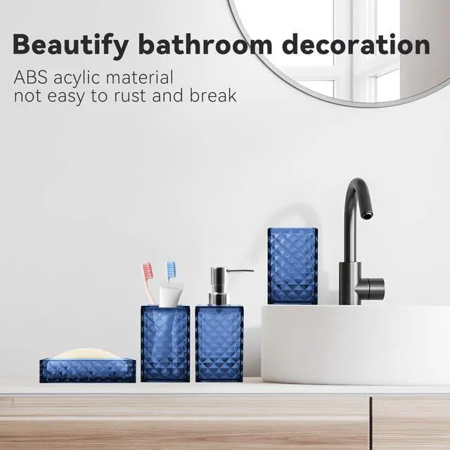 Alt view image 5 of 6 - Bathroom Accessory Set, 4 PCS Blue Bathroom Accessories Sets, Soap Dispenser and Toothbrush Holder Set, Soap Dish and Mouthwash Cup, Boho Bathroom Decor, Plastic Bathroom Sets Accessories