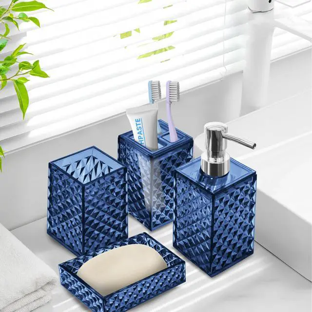Alt view image 6 of 6 - Bathroom Accessory Set, 4 PCS Blue Bathroom Accessories Sets, Soap Dispenser and Toothbrush Holder Set, Soap Dish and Mouthwash Cup, Boho Bathroom Decor, Plastic Bathroom Sets Accessories