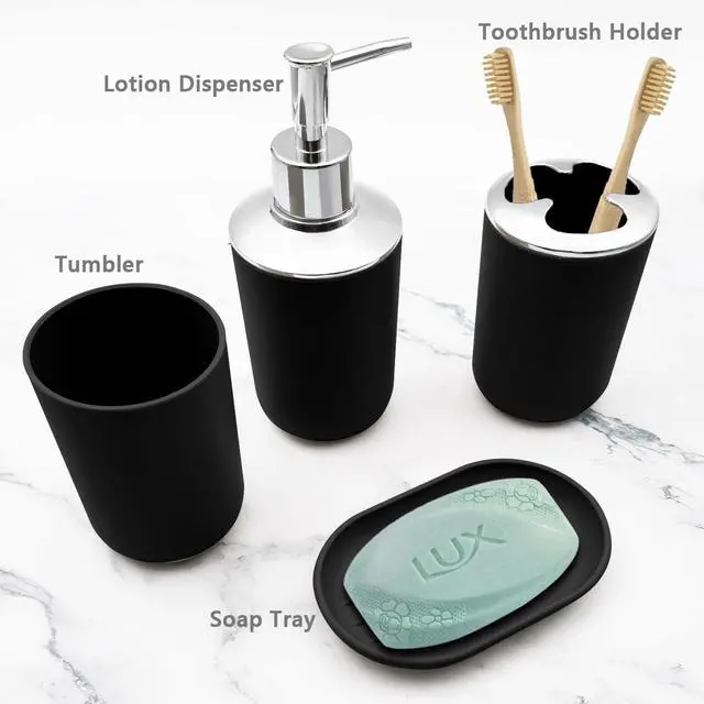Alt view image 2 of 7 - Bathroom Accessory Set, 4 pcs Shatter-Resistant Resin Bathroom Accessories Set Include Lotion Soap Dispenser Toothbrush Holder Soap Dish Modern Bathroom Decor, Gift for Home (Black 4pcs)