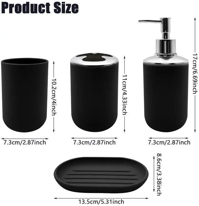 Alt view image 4 of 7 - Bathroom Accessory Set, 4 pcs Shatter-Resistant Resin Bathroom Accessories Set Include Lotion Soap Dispenser Toothbrush Holder Soap Dish Modern Bathroom Decor, Gift for Home (Black 4pcs)
